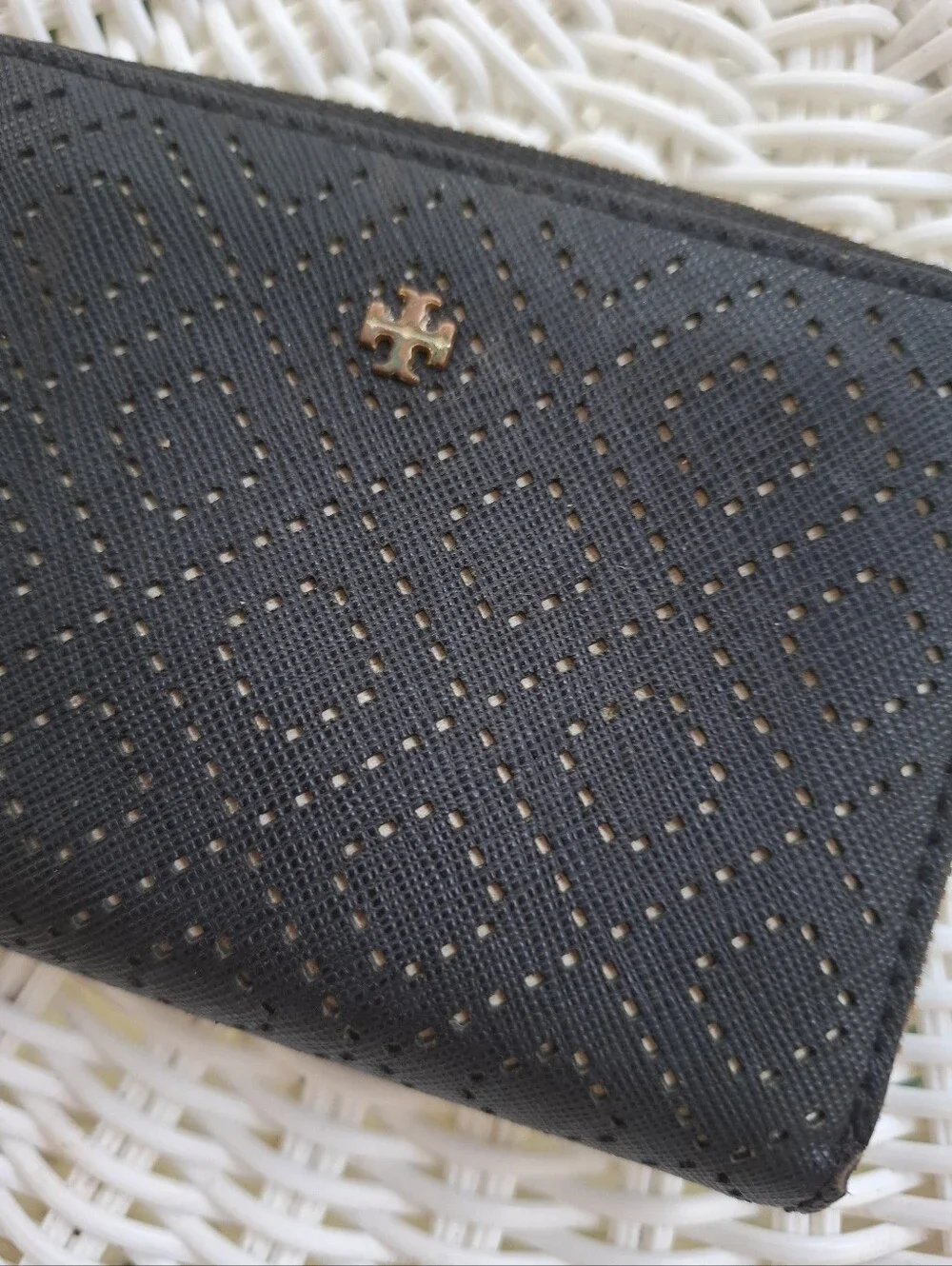 Tory Burch Kerrington Laser-Cut Leather Zip-Around Mini Wallet Coin Case Blue